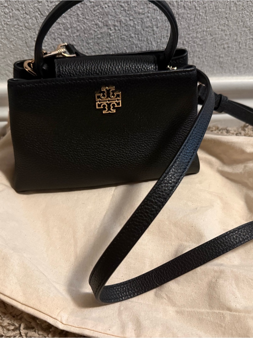 Tory Burch Britten Mini Black Leather Top-Handle Crossbody with Gold Logo